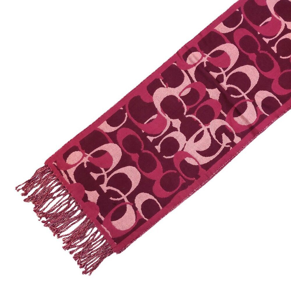COACH Pink Multi-Color Monogram C Logo Merino Wool Pre-owned Fringed Scarf - Picture 2 of 16